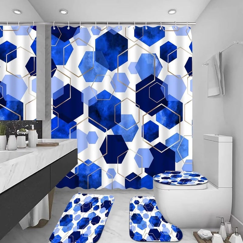 LQCOOL Blue Bathroom Curtain Set, 4Pcs Modern Art Geometric Shower Curtain with 12 Hooks, Waterproof, Blackout, 70.8' L x 70.8' W - Image 3